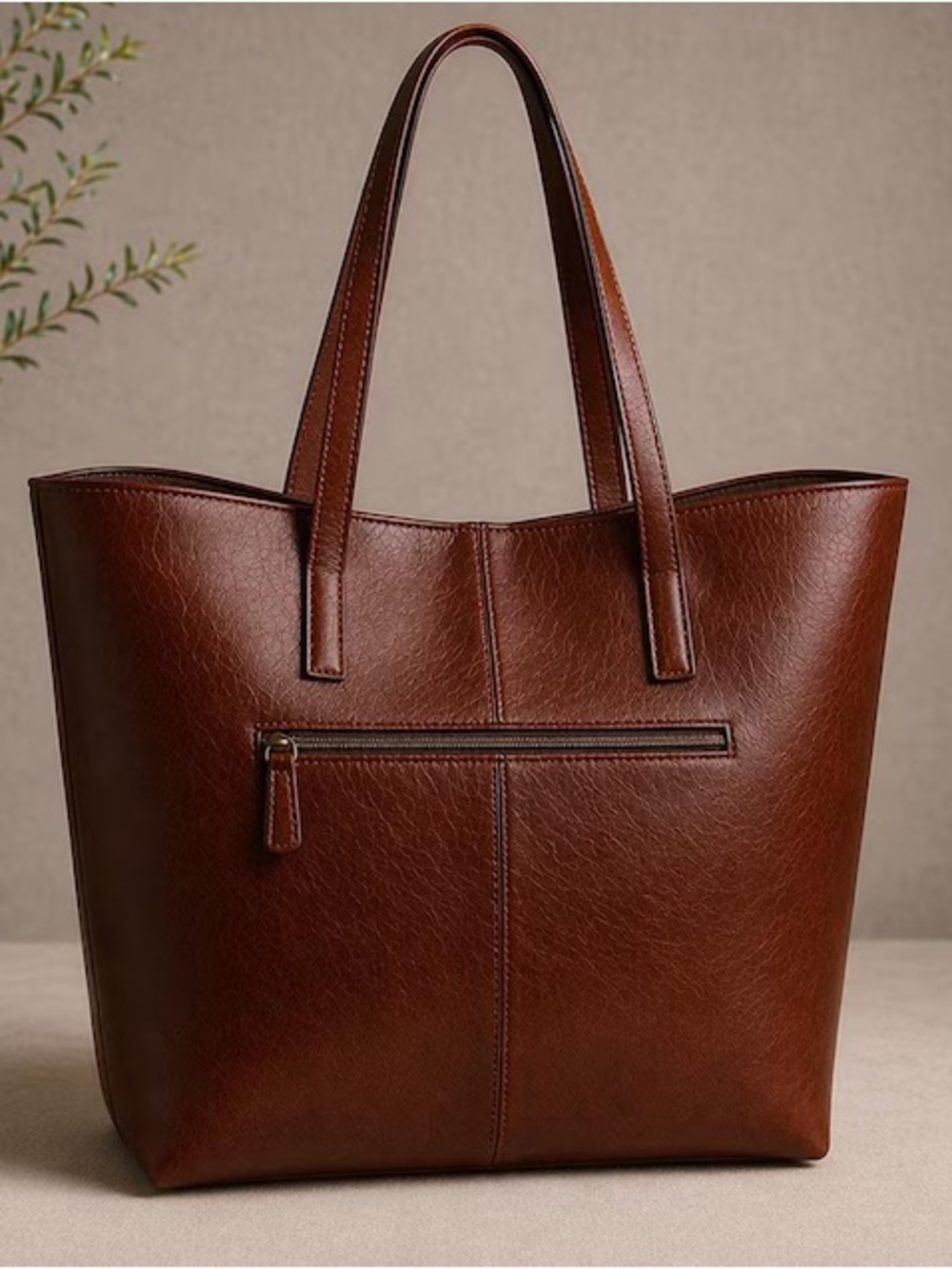 Everyday Brown Leather Tote with Double Straps - Picture 4 of 7